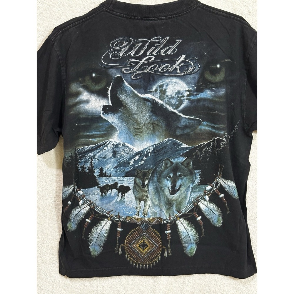 Wild Look Wolf Black T-shirt 2-Sided Native American Tribe Nature